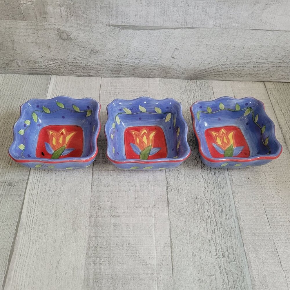 Set Of 3 Pfaltzgraff Hand-Painted Ceramic Bowls With Floral Design & Scalloped E